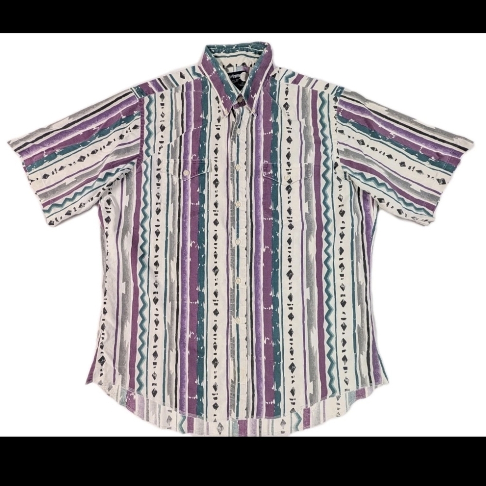 VTG Wrangler Cowboy Cut Shirt Mens 17.5 XL Aztec Southwestern Made in USA Purple